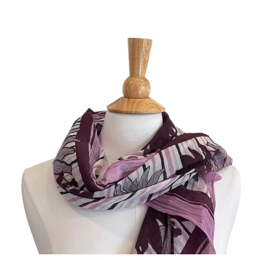 Cotton Silk Blend Purple Floral Stripe Square Scarf